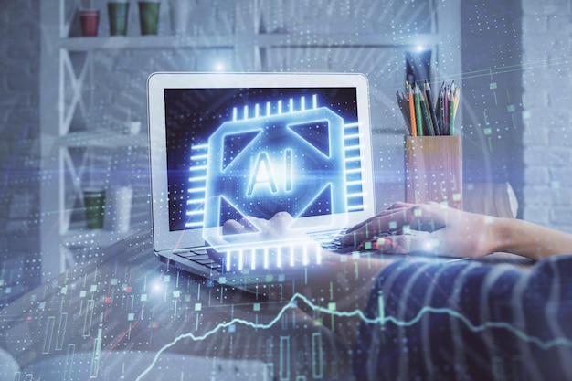 Doble exposición de manos de mujeres trabajando en computadora y dibujo de hologramas de temas de datos Concepto técnico