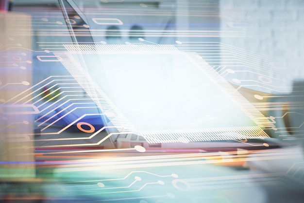 Doble exposición de manos de mujeres trabajando en computadora y dibujo de hologramas de temas de datos Concepto técnico