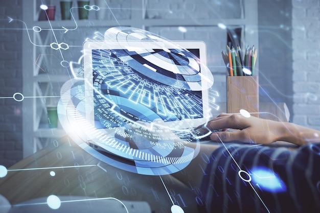 Doble exposición de manos de mujeres trabajando en computadora y dibujo de hologramas de temas de datos Concepto técnico