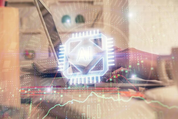 Doble exposición de manos de mujeres trabajando en computadora y dibujo de hologramas de temas de datos Concepto técnico