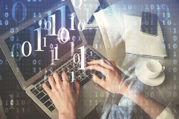 Foto doble exposición de manos de mujeres trabajando en computadora y dibujo de hologramas de temas de datos concepto técnico