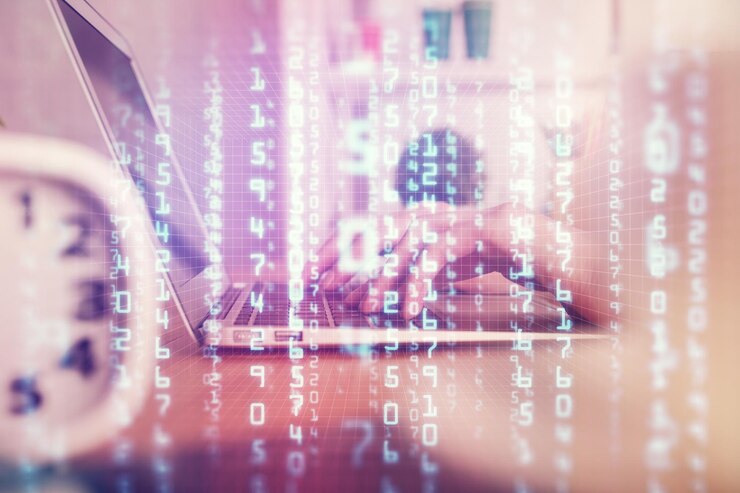 Foto doble exposición de manos de mujeres trabajando en computadora y dibujo de hologramas de temas de datos concepto técnico