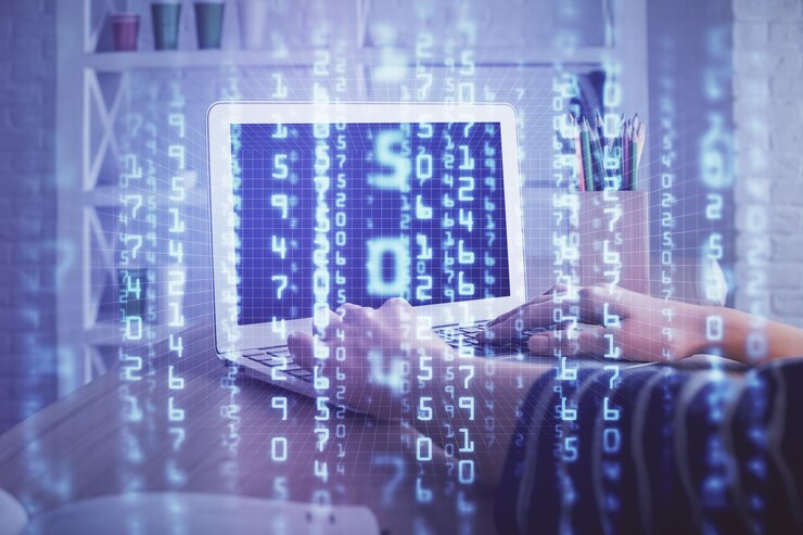 Foto doble exposición de manos de mujeres trabajando en computadora y dibujo de hologramas de temas de datos concepto técnico