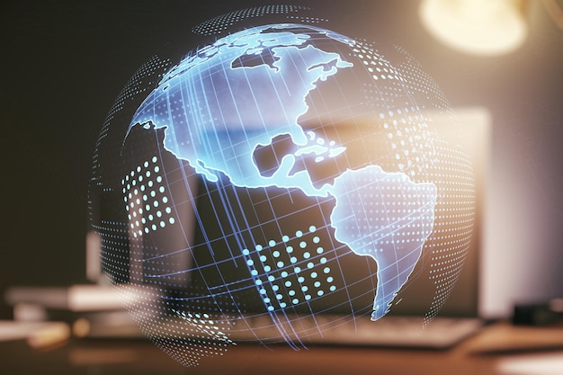 Doble exposición del mapa digital de América en el concepto de investigación y estrategia de fondo de la computadora portátil