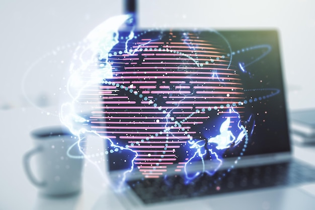 Doble exposición del mapa mundial digital abstracto con conexiones en el fondo de la computadora, big data y concepto blockchain