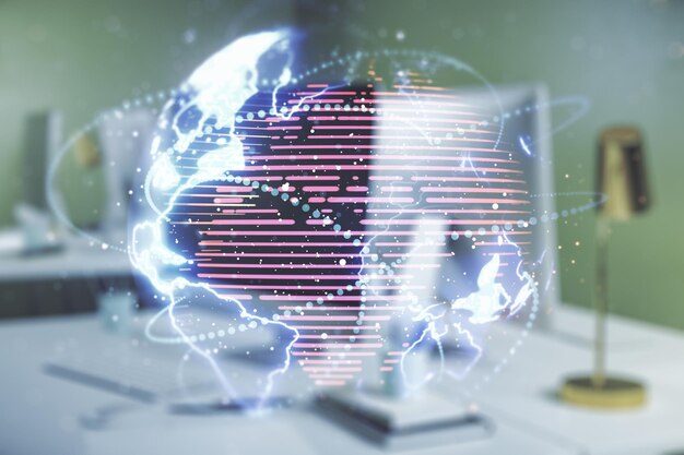 Doble exposición del mapa mundial digital abstracto con conexiones en el fondo de la computadora, big data y concepto blockchain
