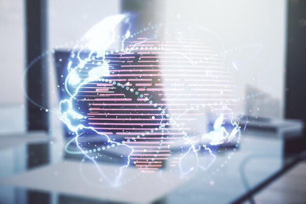 Doble exposición del mapa mundial digital abstracto con conexiones en el fondo de la computadora, big data y concepto blockchain