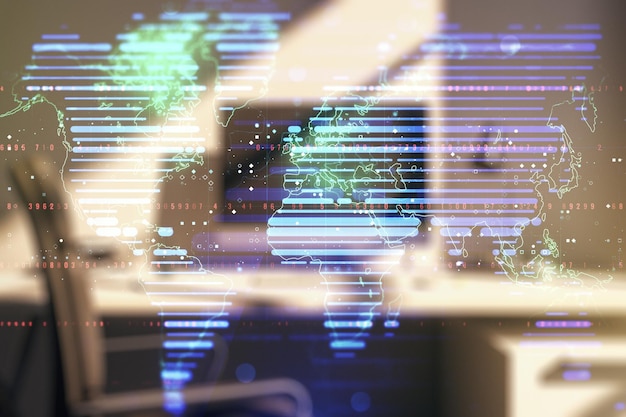 Doble exposición de un mapa mundial digital abstracto y un escritorio moderno con computadora en el fondo de big data y concepto de blockchain
