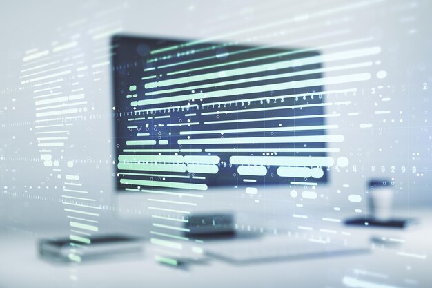 Doble exposición del mapa mundial digital abstracto sobre el concepto de estrategia e investigación de antecedentes de portátiles