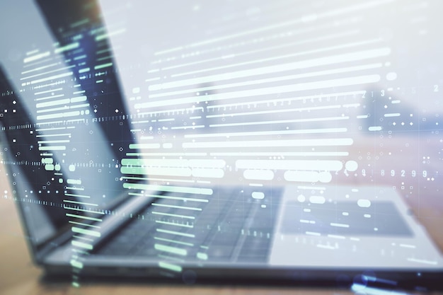 Doble exposición del mapa mundial digital abstracto sobre el concepto de estrategia e investigación de antecedentes de portátiles