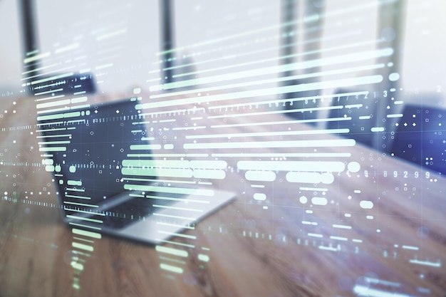 Doble exposición del mapa mundial digital abstracto sobre el concepto de estrategia e investigación de antecedentes de portátiles