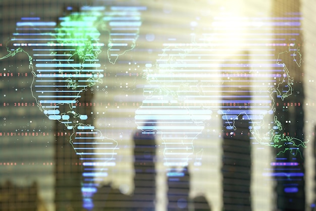 Doble exposición del mapa mundial digital abstracto sobre el concepto de investigación y estrategia de fondo de rascacielos modernos