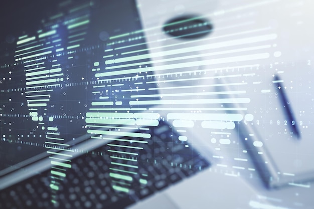 Doble exposición del mapa mundial digital abstracto sobre el fondo de la computadora, big data y concepto blockchain