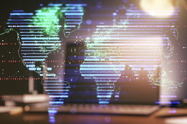 Doble exposición del mapa mundial digital abstracto sobre el fondo de la computadora, big data y concepto blockchain