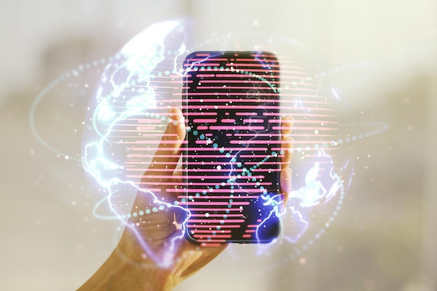 Doble exposición del mapa del mundo digital abstracto con conexiones y mano con teléfono celular en el concepto de big data y blockchain de fondo