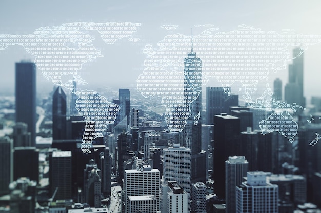 Doble exposición del mapa del mundo digital abstracto en la investigación de fondo de los rascacielos de la ciudad de Chicago y el concepto de estrategia