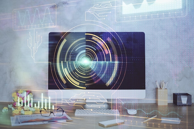 Doble exposición de la mesa con la computadora en el fondo y el concepto de tecnología de datos del holograma del tema de los datos