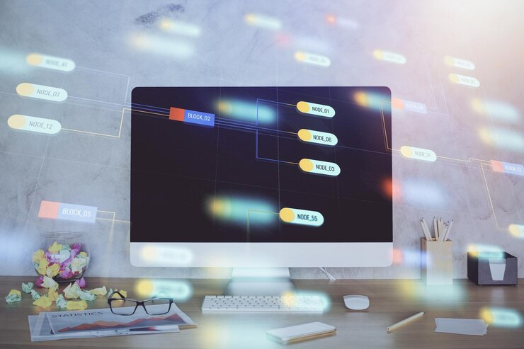 Foto doble exposición de la mesa con la computadora en el fondo y el concepto de tecnología de datos del holograma del tema de los datos