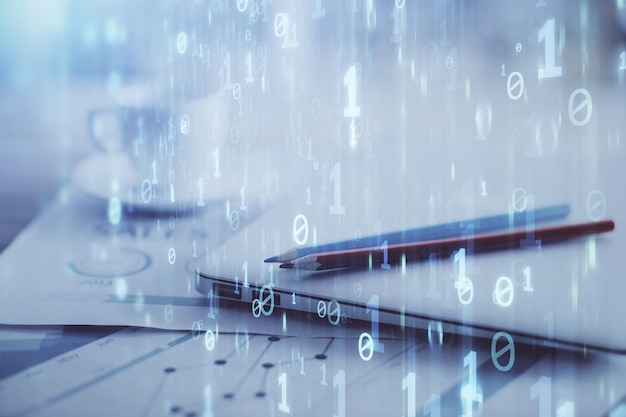 Doble exposición de la mesa con la computadora en el fondo y el concepto de tecnología de datos del holograma del tema de los datos