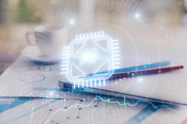 Doble exposición de la mesa con la computadora en el fondo y el concepto de tecnología de datos del holograma del tema de los datos