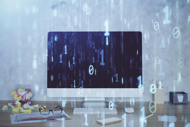 Doble exposición de la mesa con la computadora en el fondo y el concepto de tecnología de datos del holograma del tema de los datos