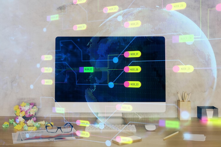 Foto doble exposición de la mesa con la computadora en el fondo y el concepto de tecnología de datos del holograma del tema de los datos