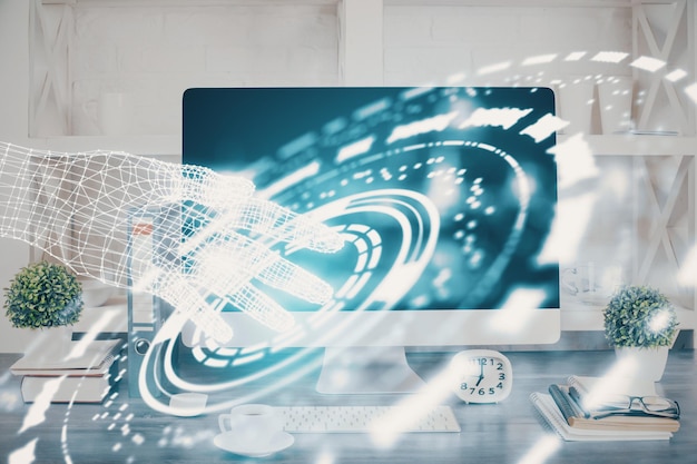 Doble exposición de la mesa con la computadora en el fondo y el concepto de tecnología de datos del holograma del tema de los datos