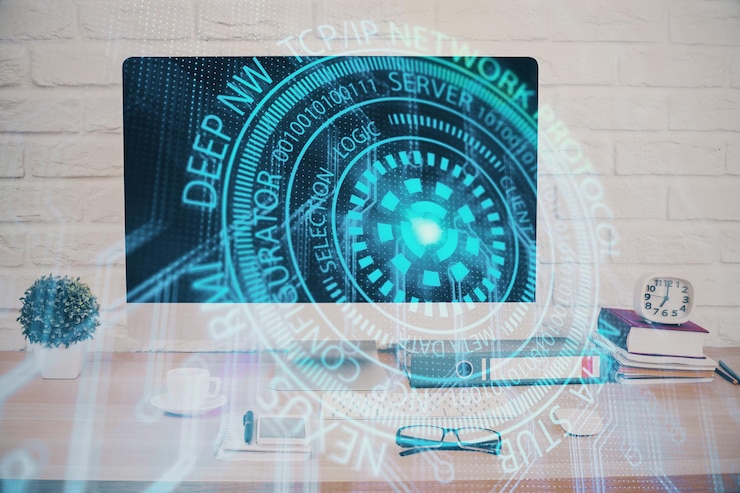 Foto doble exposición de la mesa con la computadora en el fondo y el concepto de tecnología de datos del holograma del tema de los datos