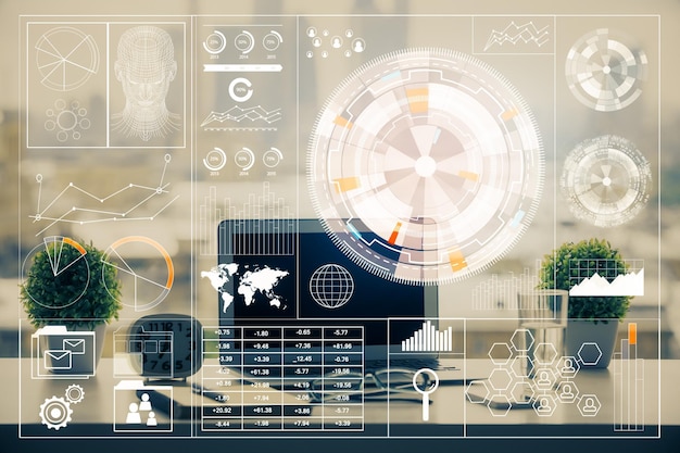 Doble exposición de la mesa con computadora en el fondo y dibujo del tema de los datos Concepto de innovación