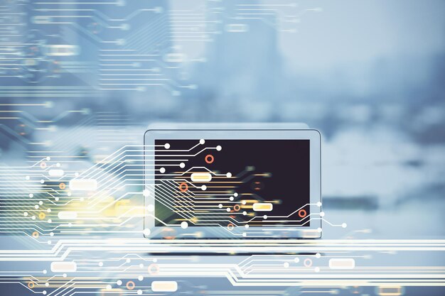 Doble exposición de la mesa con computadora en el fondo y dibujo del tema de los datos Concepto de innovación