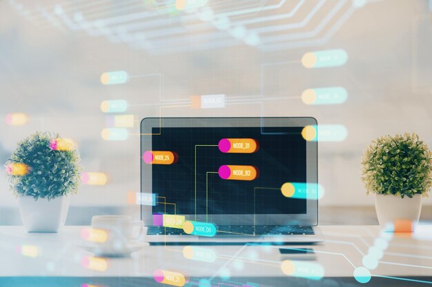 Doble exposición de la mesa con computadora en el fondo y dibujo del tema de los datos Concepto de innovación