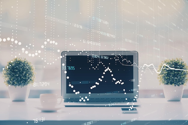 Doble exposición de la mesa con computadora en el fondo y dibujo del tema de los datos Concepto de innovación