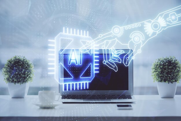 Doble exposición de la mesa con computadora en el fondo y dibujo del tema de los datos Concepto de innovación