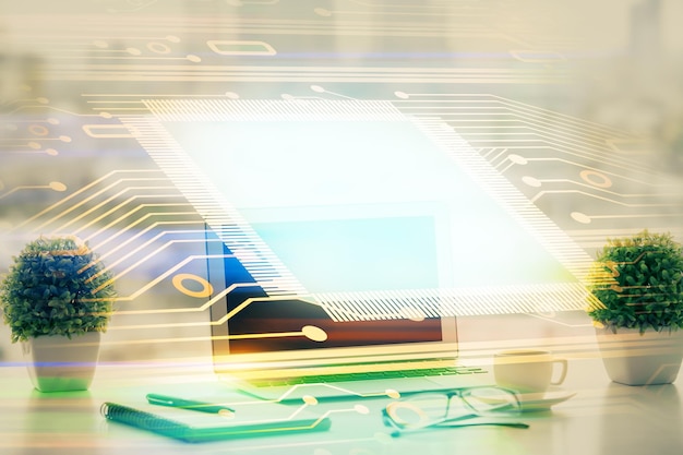Doble exposición de la mesa con computadora en el fondo y dibujo del tema de los datos Concepto de innovación