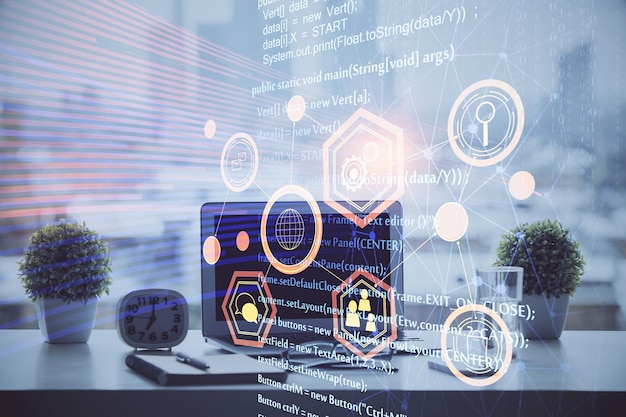 Doble exposición de la mesa con computadora en el fondo y dibujo del tema de los datos Concepto de innovación