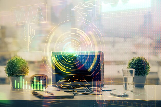 Doble exposición de la mesa con computadora en el fondo y dibujo del tema de los datos Concepto de innovación