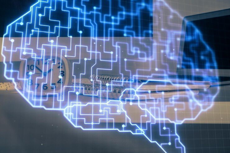 Foto doble exposición de la mesa con holograma de computadora y cerebro concepto de innovación de datos