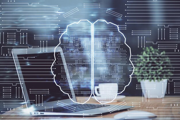 Doble exposición de la mesa con holograma de computadora y cerebro Concepto de innovación de datos