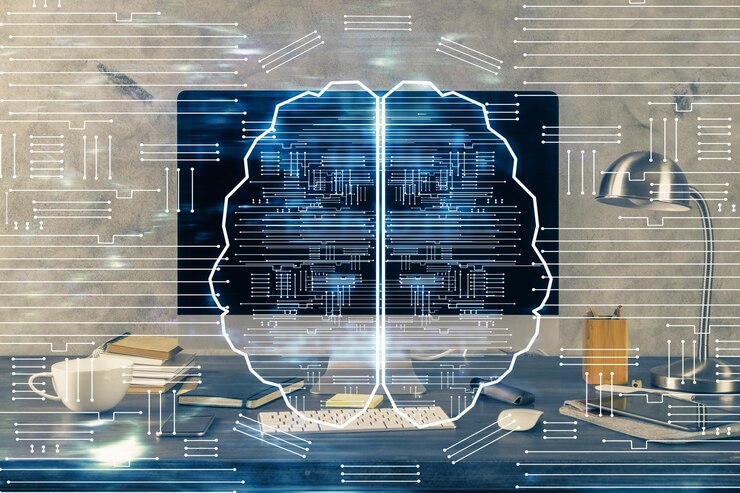 Foto doble exposición de la mesa con holograma de computadora y cerebro concepto de innovación de datos