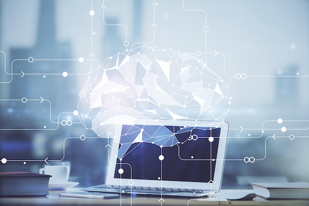 Doble exposición de la mesa de trabajo con computadora y holograma de boceto cerebral Concepto de tormenta de ideas