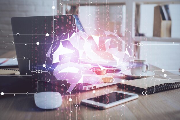 Doble exposición de la mesa de trabajo con computadora y holograma de boceto cerebral Concepto de tormenta de ideas