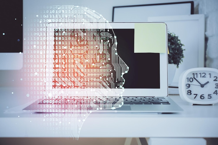 Foto doble exposición de la mesa de trabajo con computadora y holograma de boceto cerebral concepto de tormenta de ideas