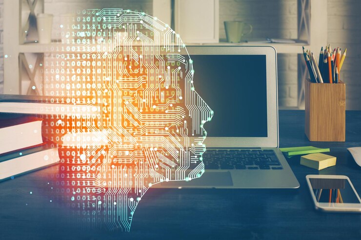 Foto doble exposición de la mesa de trabajo con computadora y holograma de boceto cerebral concepto de tormenta de ideas
