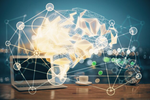 Doble exposición de la mesa de trabajo con computadora y holograma de boceto cerebral Concepto de tormenta de ideas