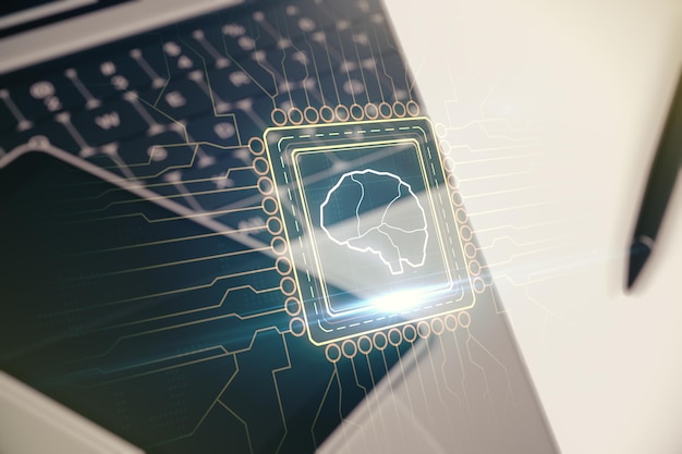 Foto doble exposición de un microcircuito cerebral humano creativo con una computadora en el fondo tecnología futura y concepto de ia