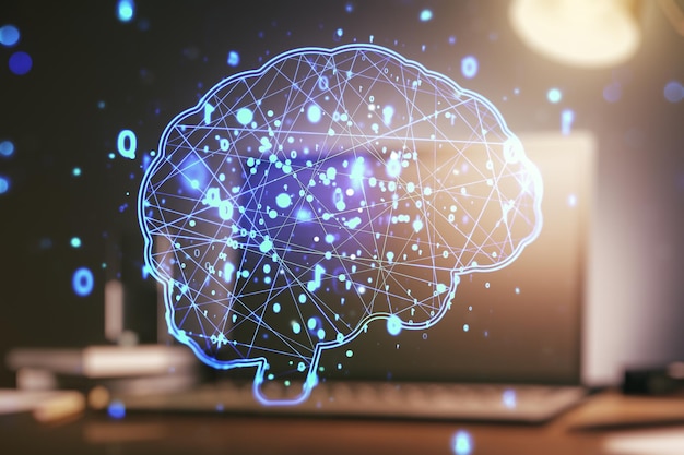 Doble exposición de un microcircuito cerebral humano creativo con una computadora en el fondo Tecnología futura y concepto de IA