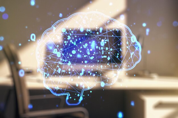 Doble exposición de microcircuito cerebral humano creativo y escritorio moderno con computadora en segundo plano Tecnología futura y concepto de IA