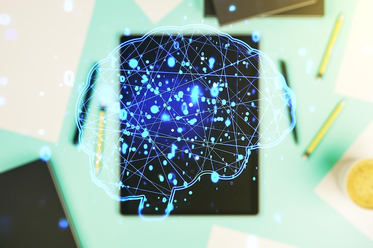 Foto doble exposición del microcircuito creativo del cerebro humano y la moderna tableta digital en el fondo tecnología futura y concepto de ia