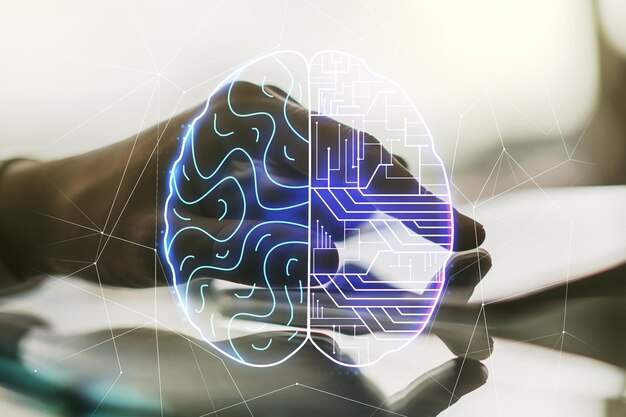 Doble exposición del microcircuito creativo del cerebro humano y el trabajo manual con una tableta digital en el fondo Tecnología futura y concepto de IA