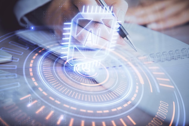 Doble exposición de mujeres escribiendo a mano en el fondo con tecnología de datos hud Concepto de Big Data